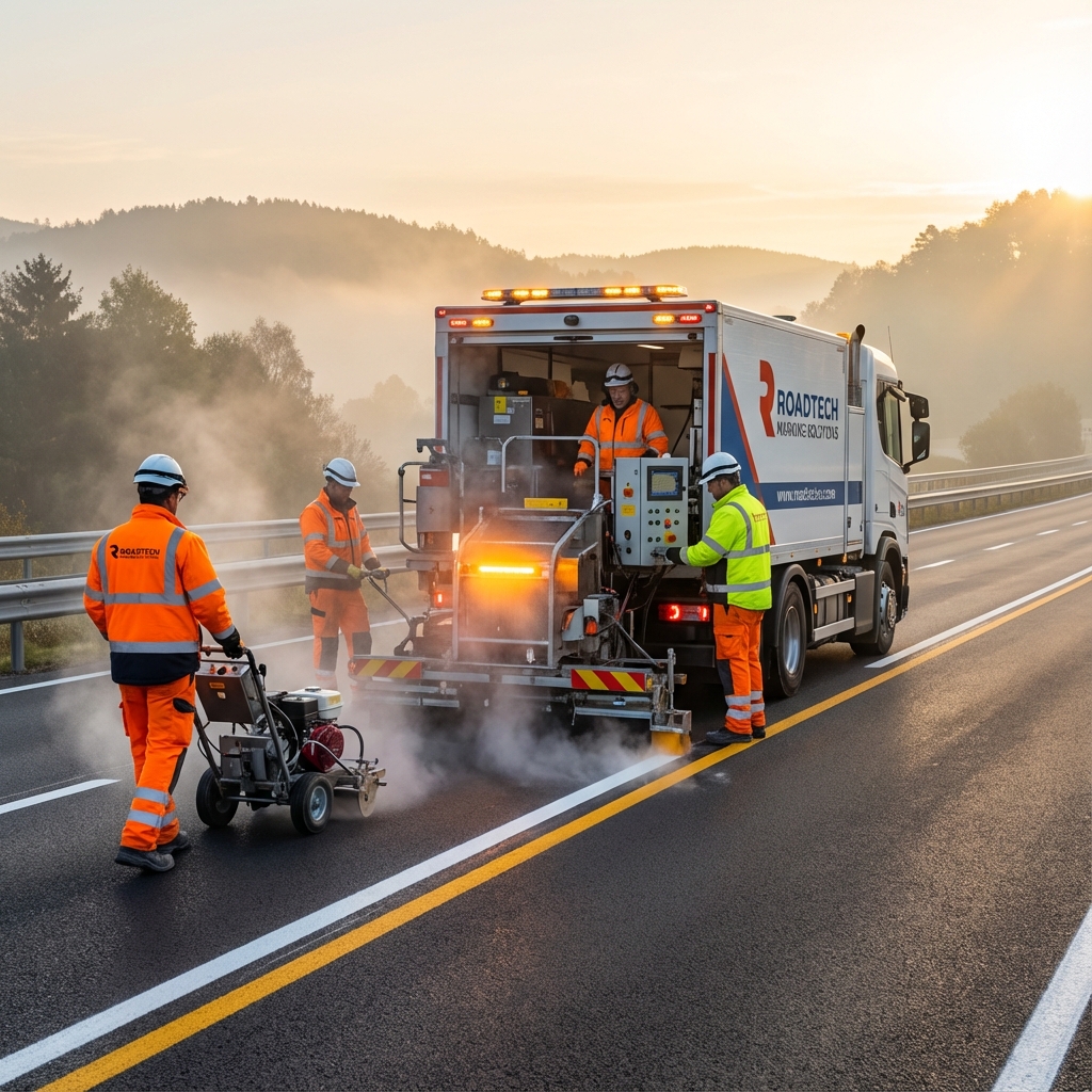 Professional road marking team at work